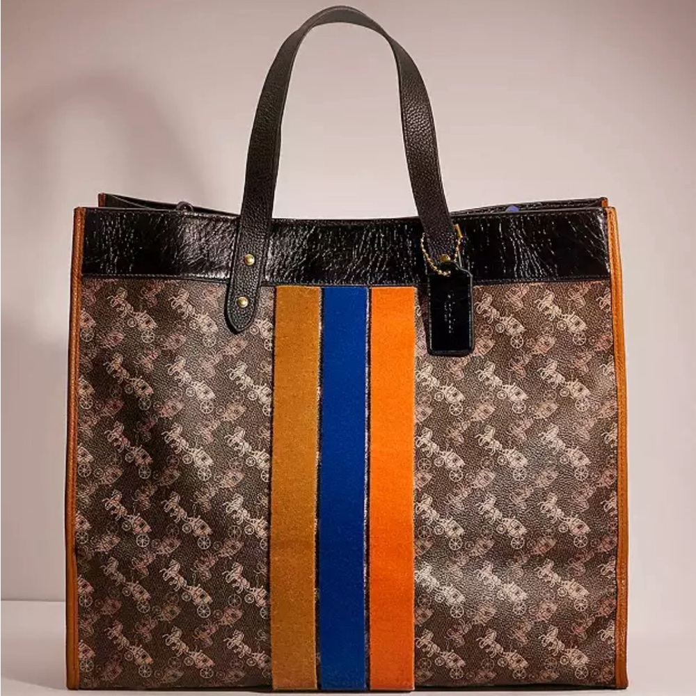 Authentic Coach Field 40 Horse & Carriage TOTE BROWN BAG with stripes
